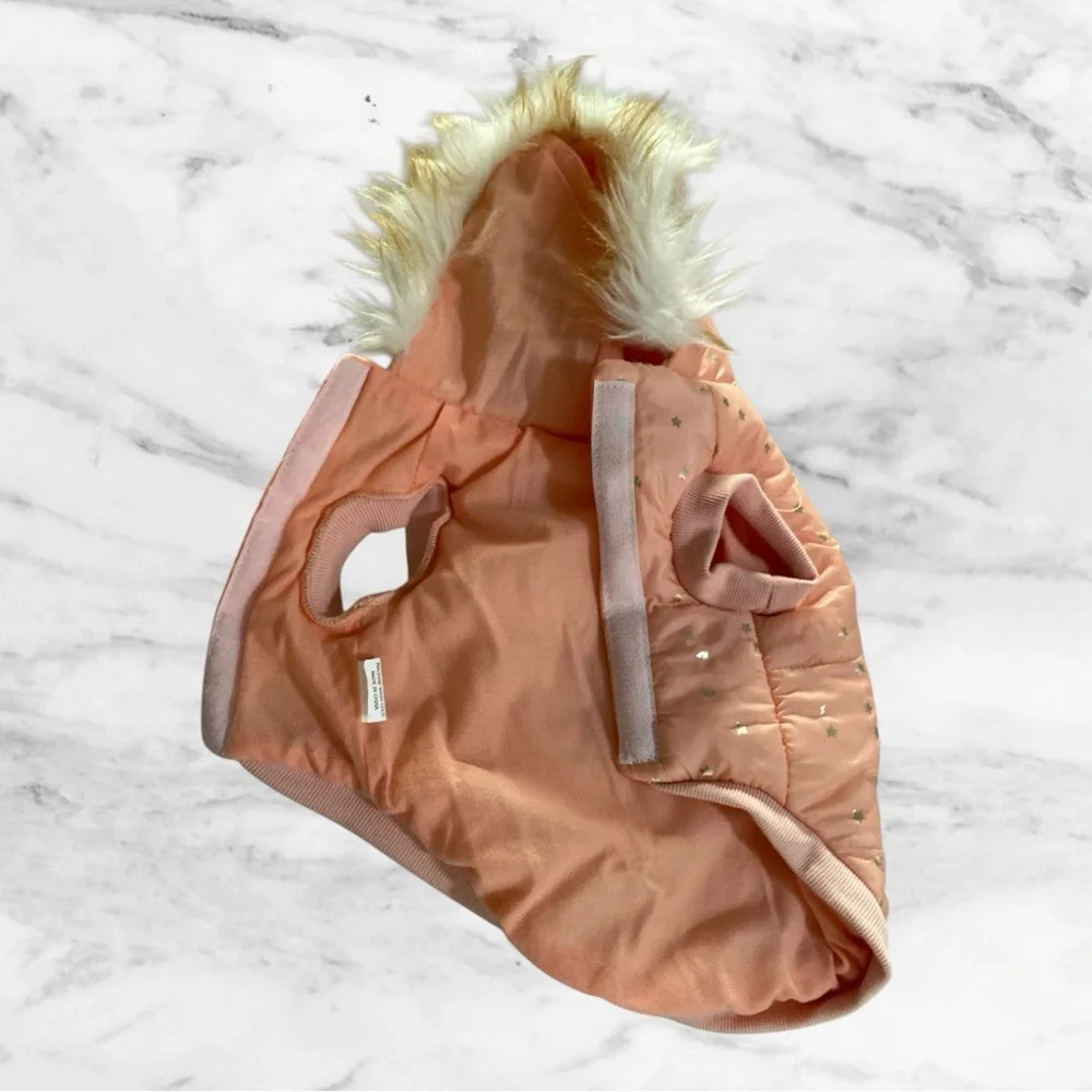 Peach Dog Coat with Faux Fur Hood & Gold Star Print​